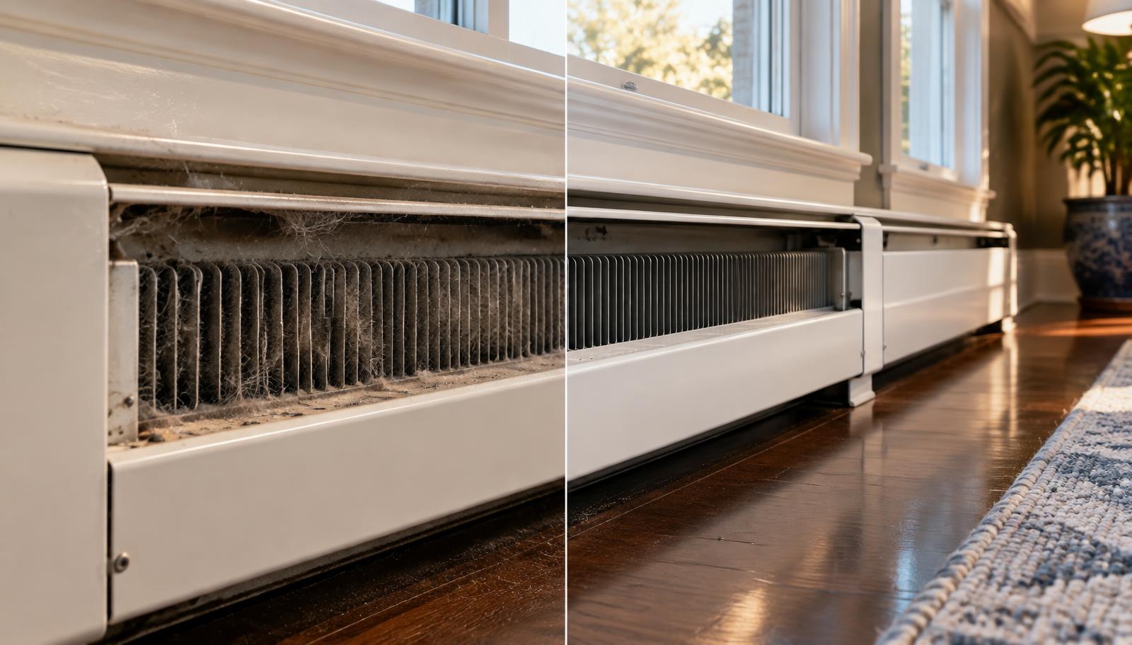 A hydronic baseboard heater before and after professional deep cleaning