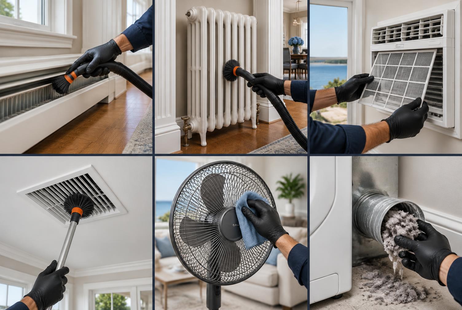 Residential heating, cooling, ventilation, fan, and dryer equipment being professionally cleaned